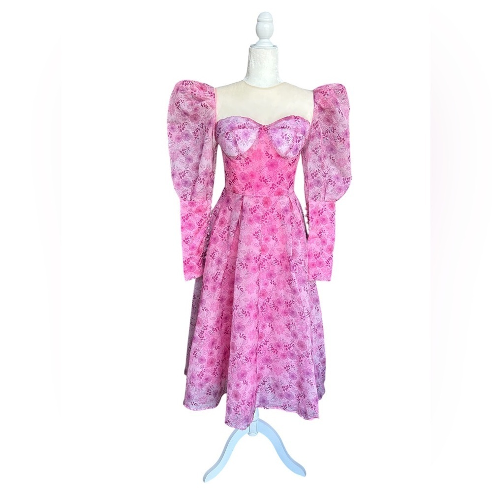 Dreamy Pink Floral Puff-Sleeve Midi Dress | Decorative Buttons | Size Small